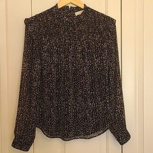 Loft Blouse High Neck Long Sleeve Sheer Black Gray Mustard Cream Print Size M